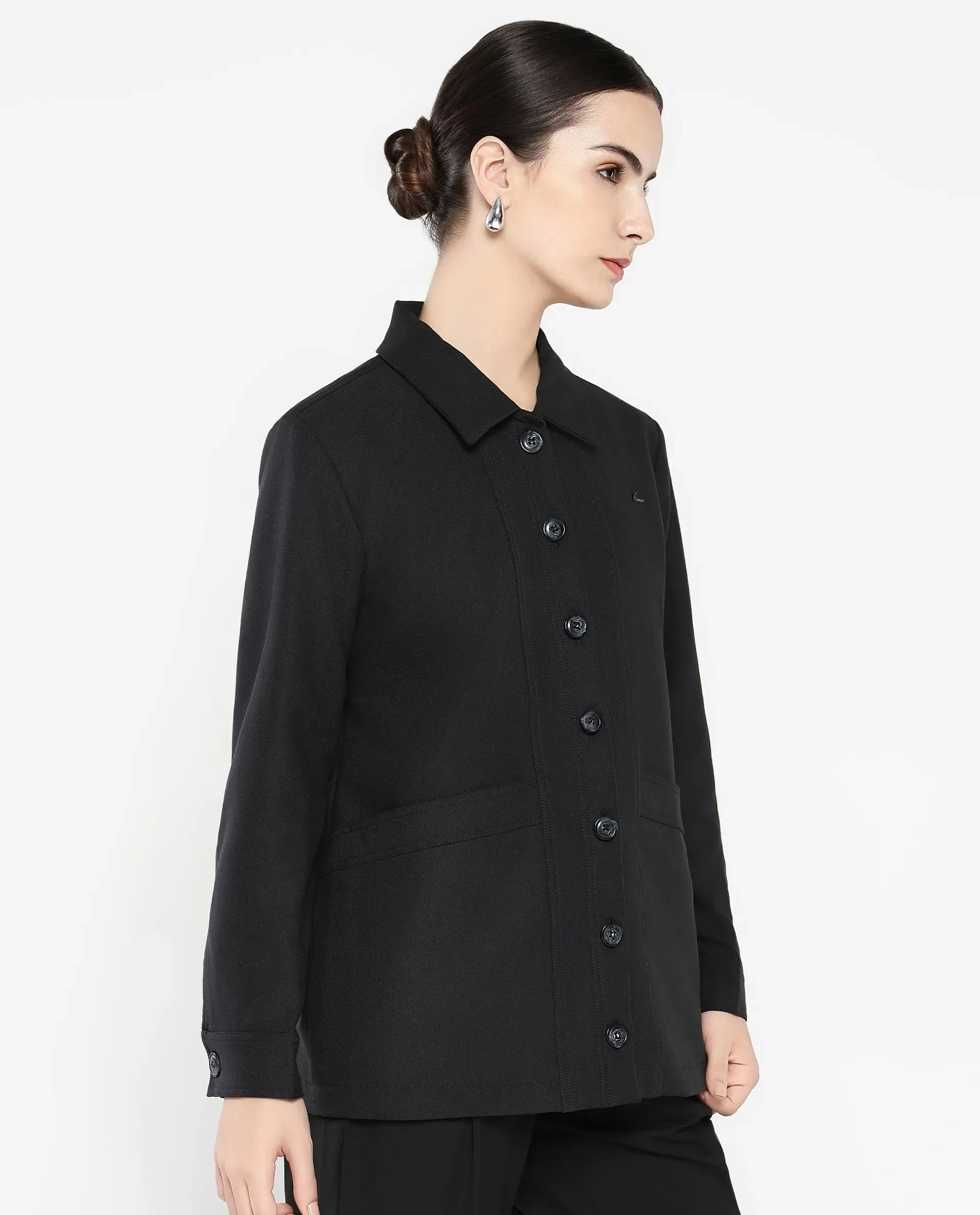 Rareism Women Yeppon Black Cuffed Sleeve Collared Neck Button Closure Boxy Fit Hip Length Plain Jacket