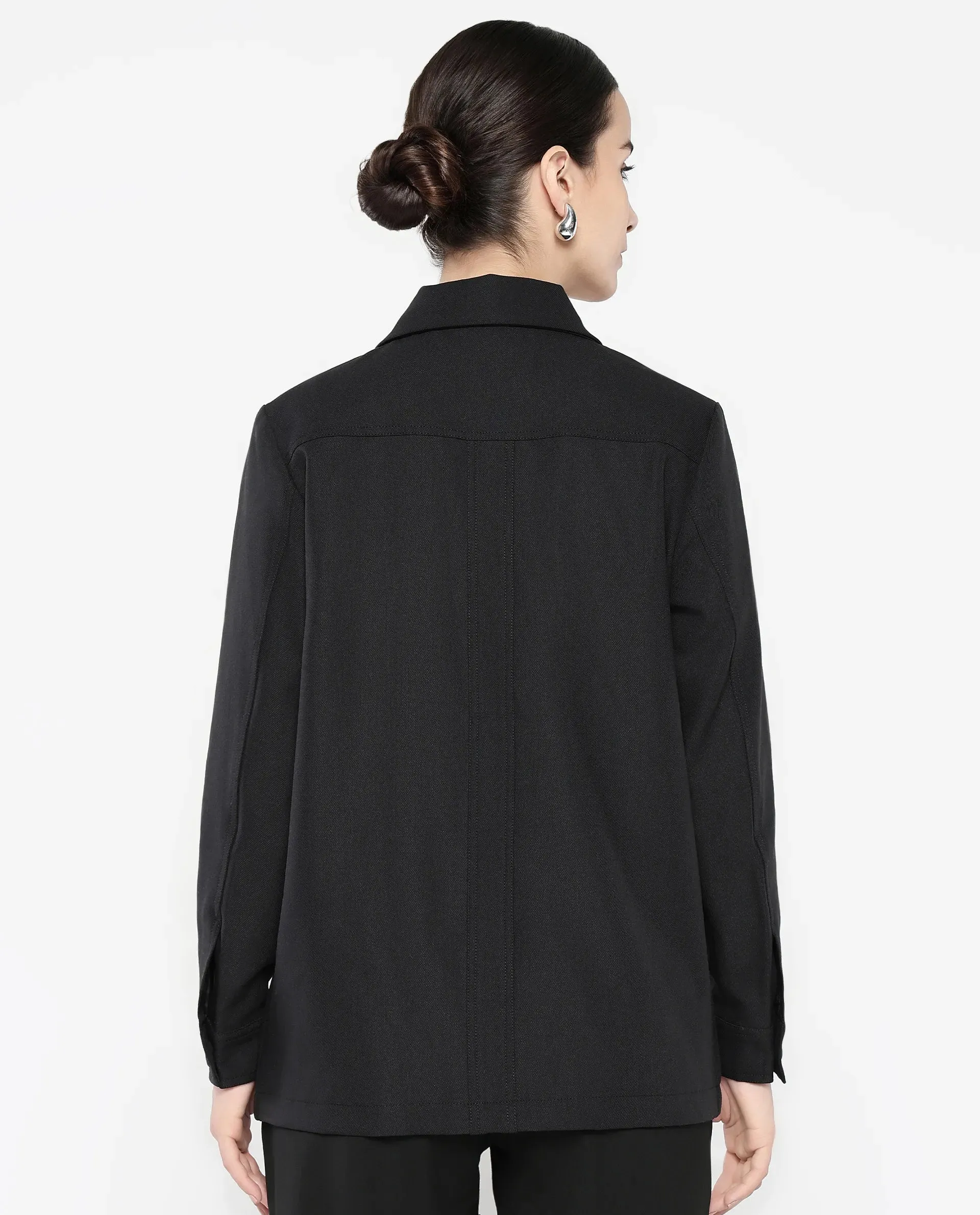 Rareism Women Yeppon Black Cuffed Sleeve Collared Neck Button Closure Boxy Fit Hip Length Plain Jacket