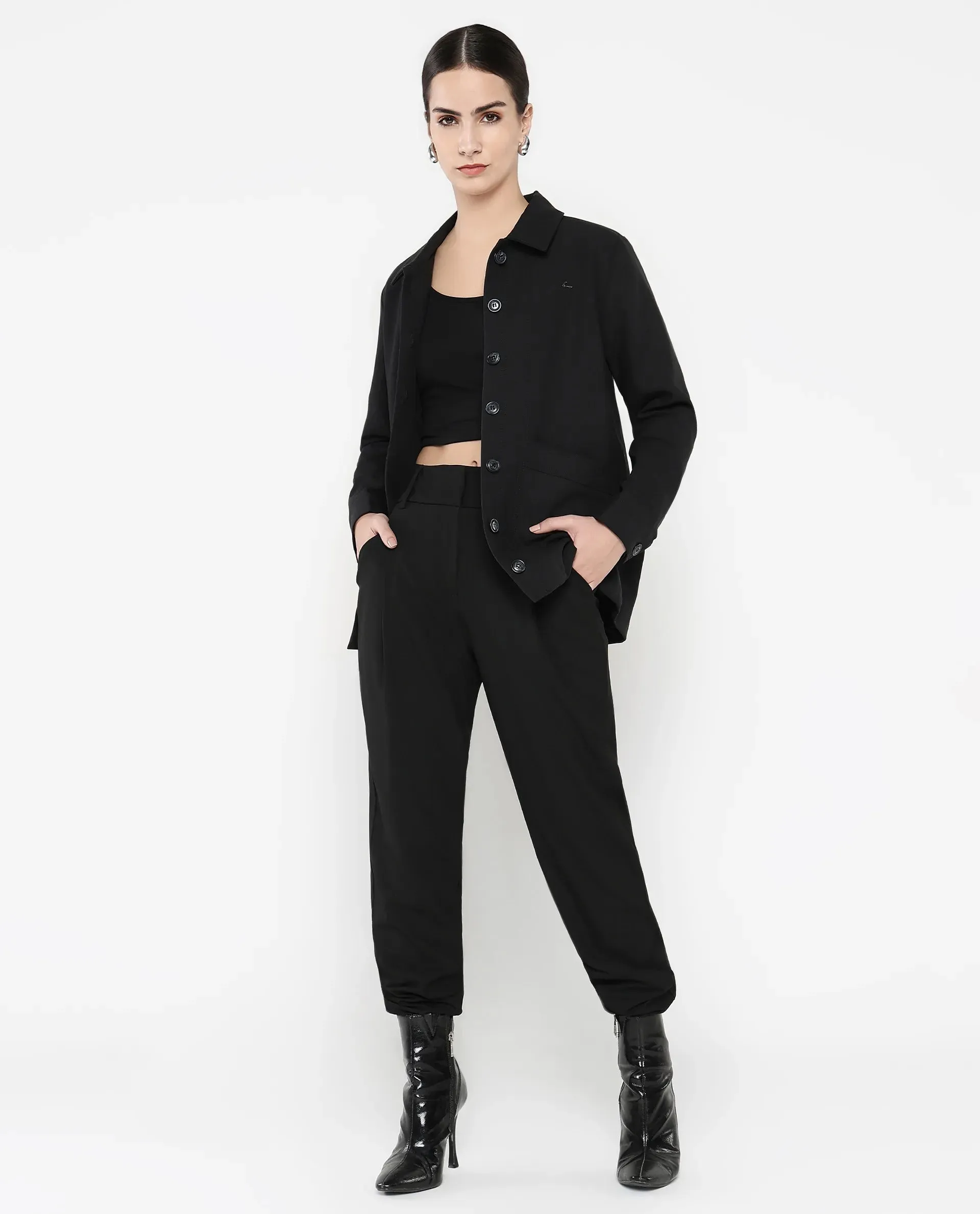 Rareism Women Yeppon Black Cuffed Sleeve Collared Neck Button Closure Boxy Fit Hip Length Plain Jacket