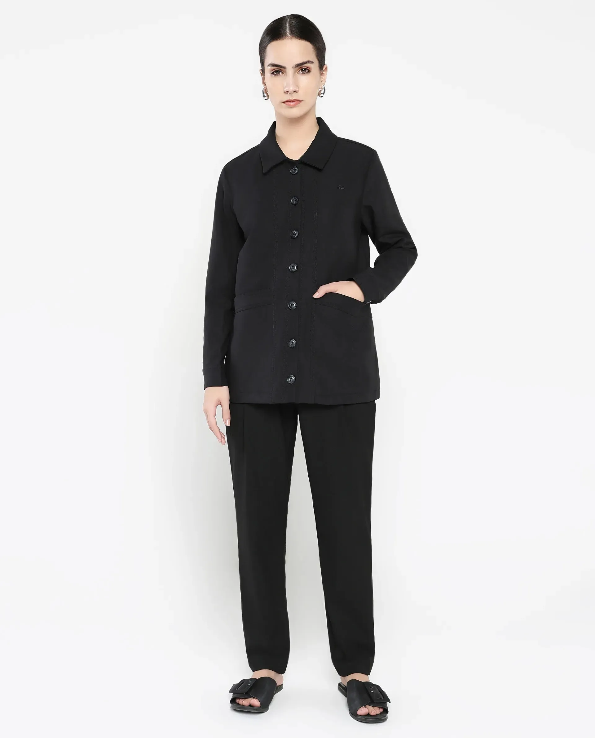 Rareism Women Yeppon Black Cuffed Sleeve Collared Neck Button Closure Boxy Fit Hip Length Plain Jacket