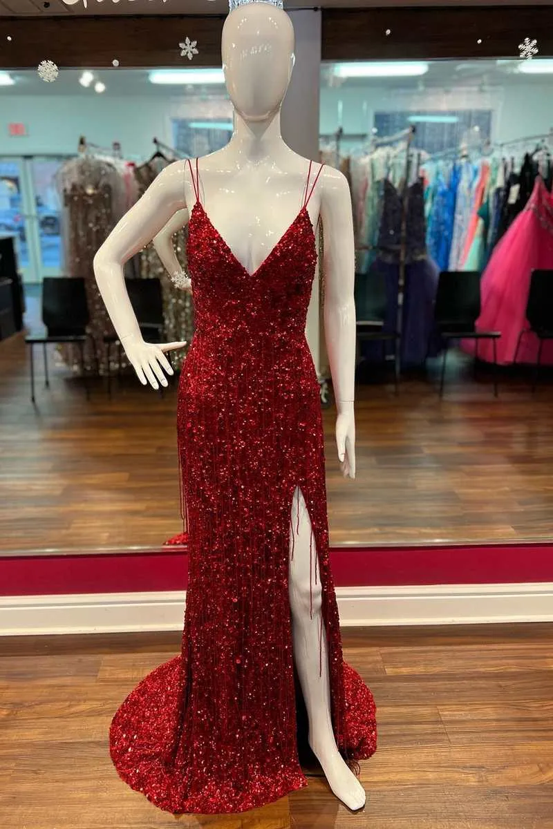 Red Sequin Fringe V-Neck Lace-Up Back Mermaid Long Prom Dress with Slit