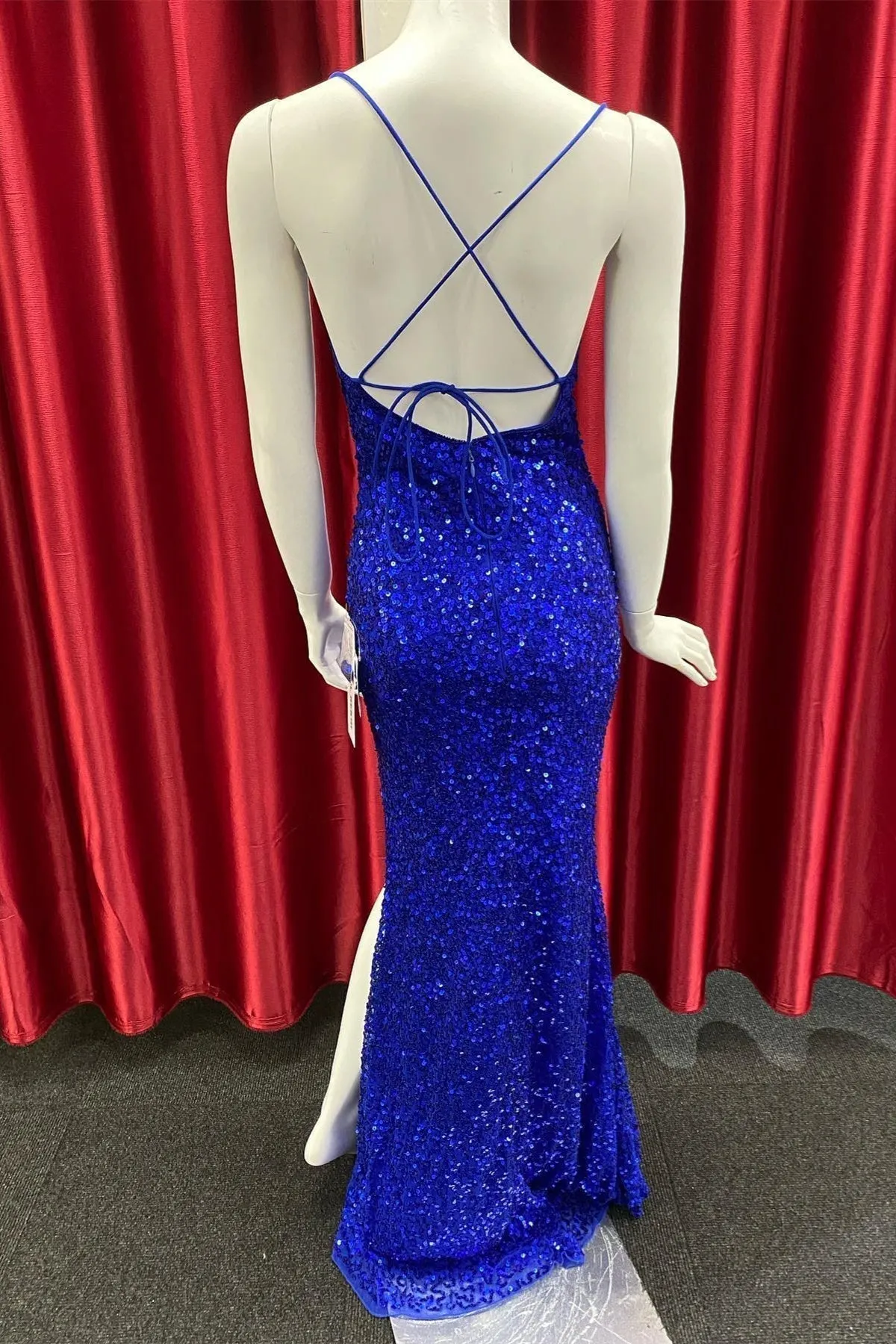 Royal Blue Lace-Up Sequins Mermaid Long Prom Dress with Slit