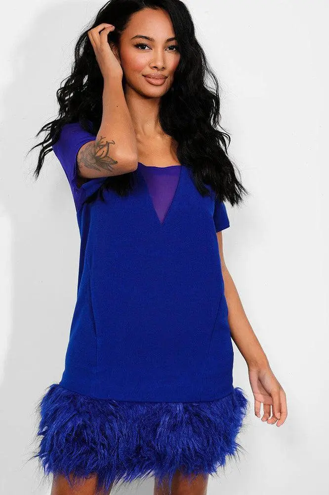 Royal Blue Mesh V-Neck Faux Fur Trim Dress