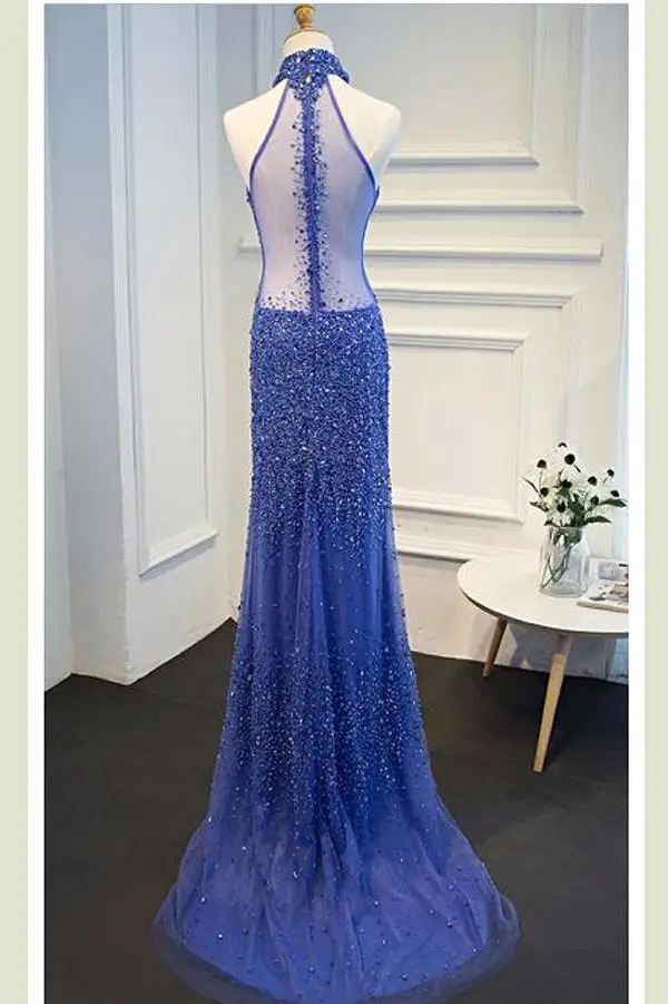 Royal Blue Sheath Sweep Train Halter Sleeveless Sheer Back Beading Prom Dresses