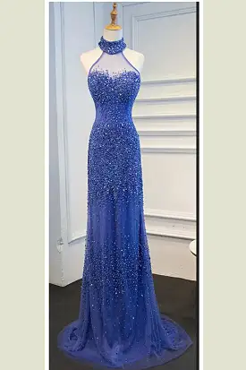 Royal Blue Sheath Sweep Train Halter Sleeveless Sheer Back Beading Prom Dresses