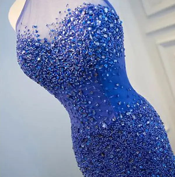 Royal Blue Sheath Sweep Train Halter Sleeveless Sheer Back Beading Prom Dresses