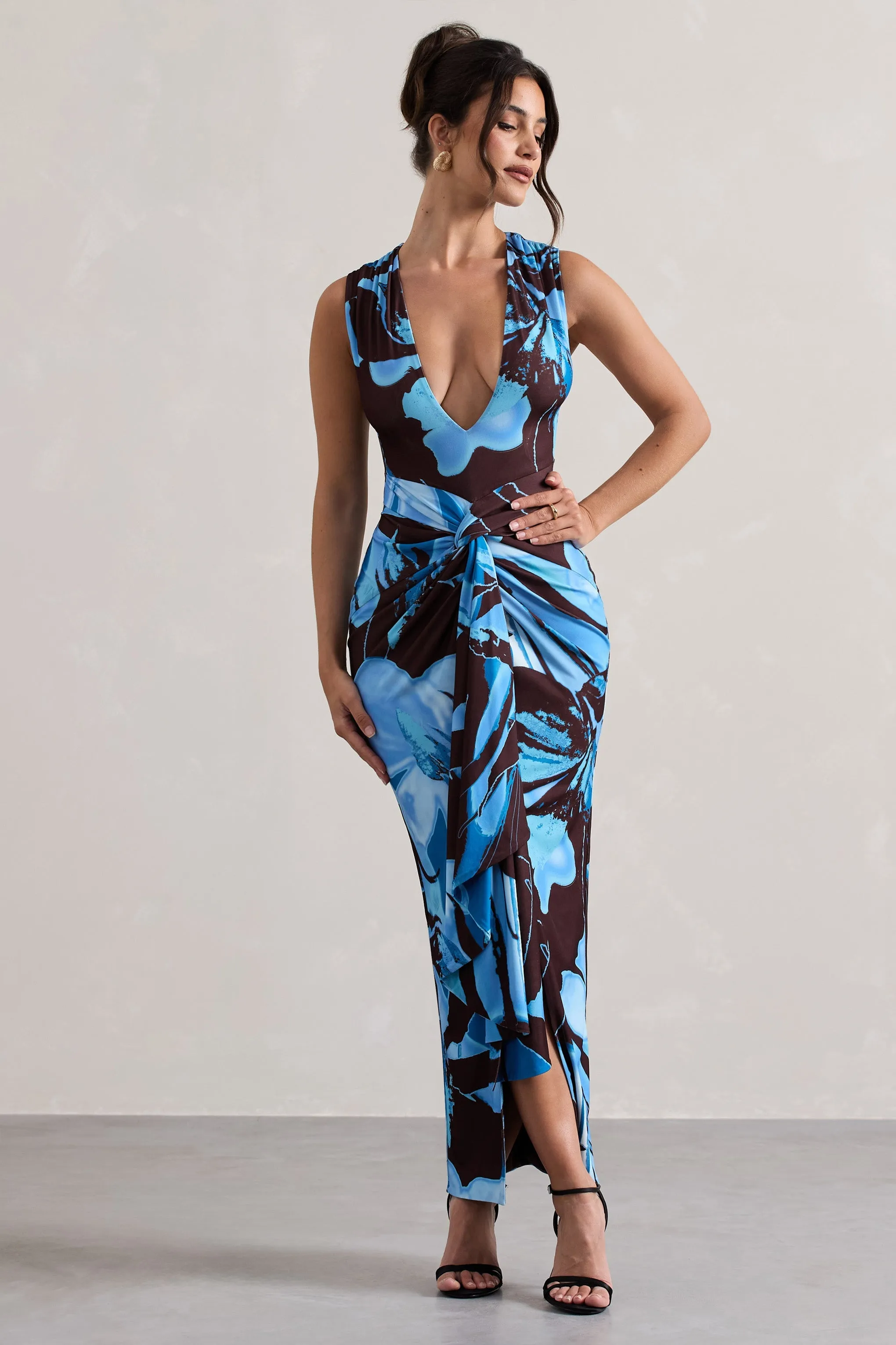 Santana | Floral Print Plunge-Neck Split Maxi Dress With Knot Detail