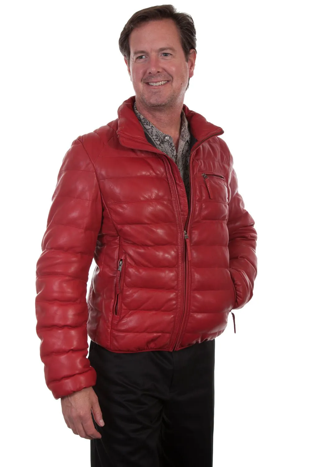 Scully Mens Ribbed Puffer Red Lamb Leather Leather Jacket