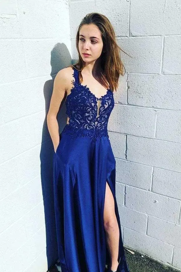 See Through Royal Blue Side Slit Lace Backless Prom Dress Blue Semi-Formal Dress