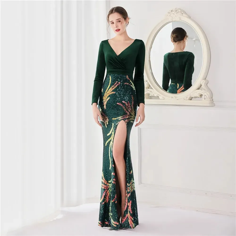 Sexy Slit Green Velour Evening Dress Women Long Sleeve Deep V Neck Sequin Party Prom Dress