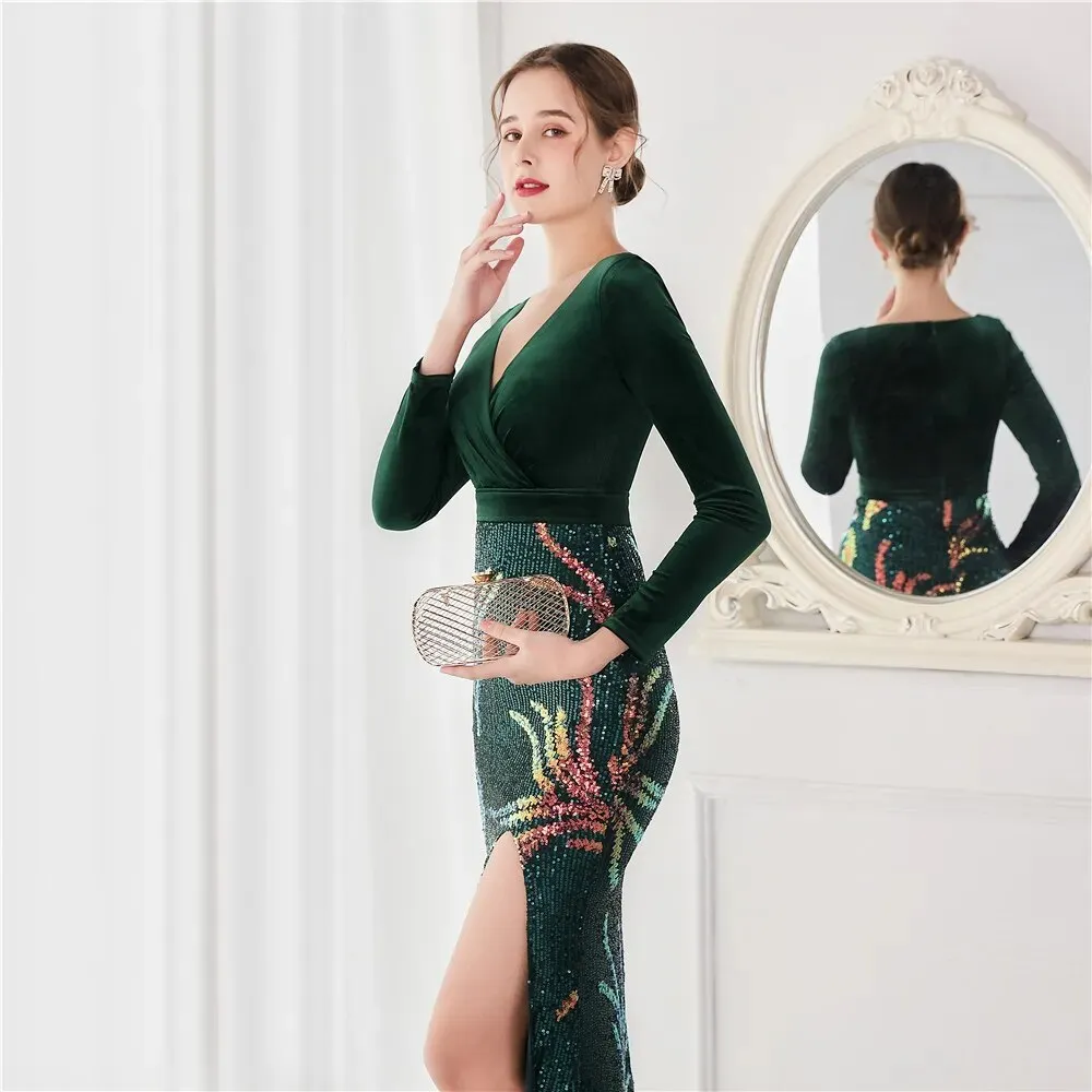 Sexy Slit Green Velour Evening Dress Women Long Sleeve Deep V Neck Sequin Party Prom Dress