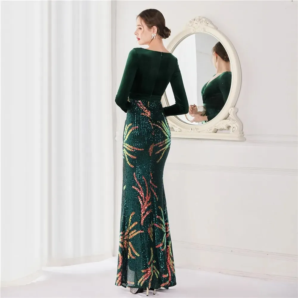 Sexy Slit Green Velour Evening Dress Women Long Sleeve Deep V Neck Sequin Party Prom Dress