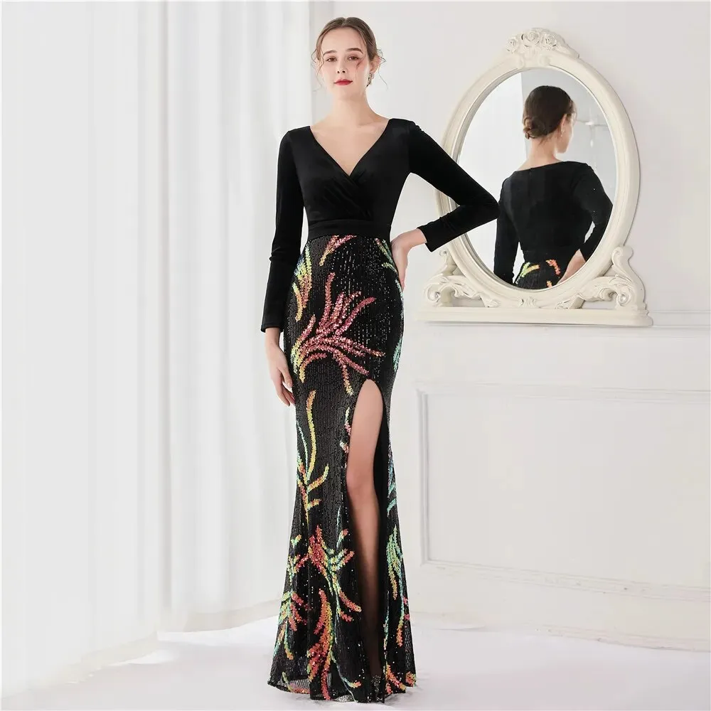 Sexy Slit Green Velour Evening Dress Women Long Sleeve Deep V Neck Sequin Party Prom Dress