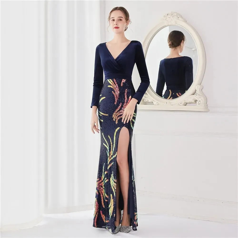 Sexy Slit Green Velour Evening Dress Women Long Sleeve Deep V Neck Sequin Party Prom Dress