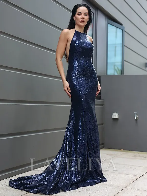 Sheath Halter Sequin Sweep Train Sequins Dress  #WHP0271