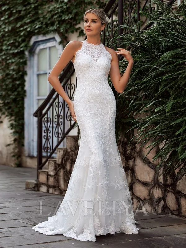 Sheath Scoop Sweep Train Lace Wedding Dress  #HW240048