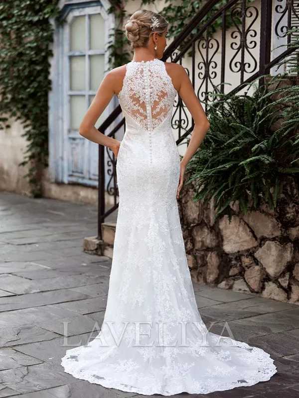 Sheath Scoop Sweep Train Lace Wedding Dress  #HW240048