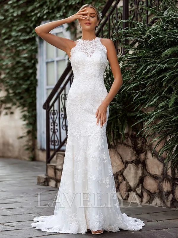 Sheath Scoop Sweep Train Lace Wedding Dress  #HW240048