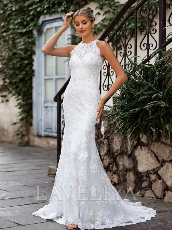 Sheath Scoop Sweep Train Lace Wedding Dress  #HW240048