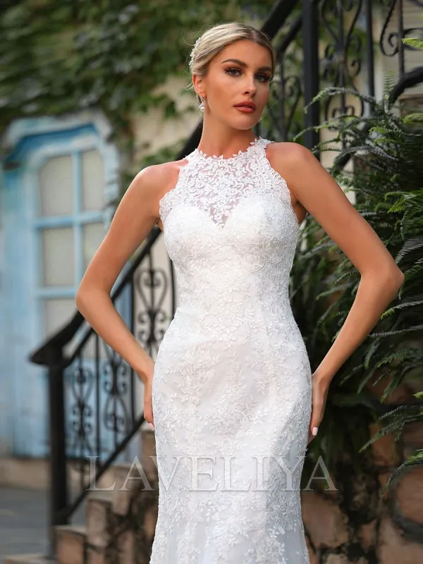 Sheath Scoop Sweep Train Lace Wedding Dress  #HW240048