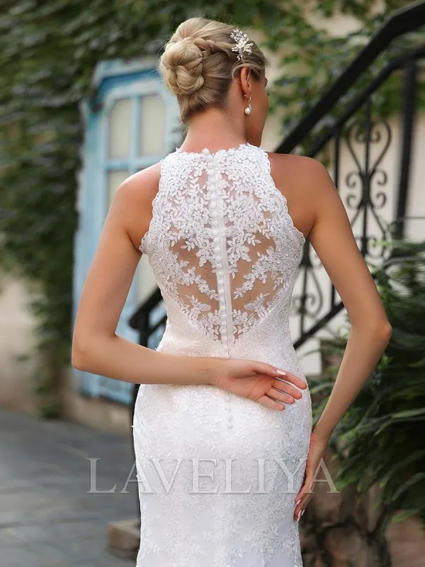 Sheath Scoop Sweep Train Lace Wedding Dress  #HW240048