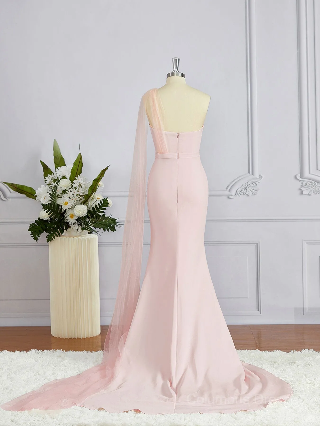 Sheath/Column One-Shoulder Sweep Train Stretch Crepe Bridesmaid Dresses