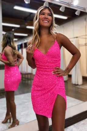 Sheath/Column V Neck Fully Sequins Short Homecoming Dress Tight Graduation Dress QH2393