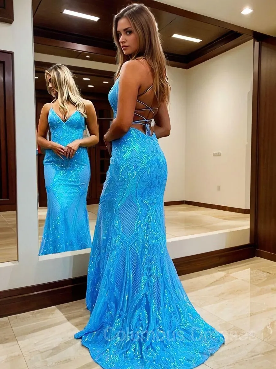 Sheath/Column V-neck Sweep Train Prom Dresses