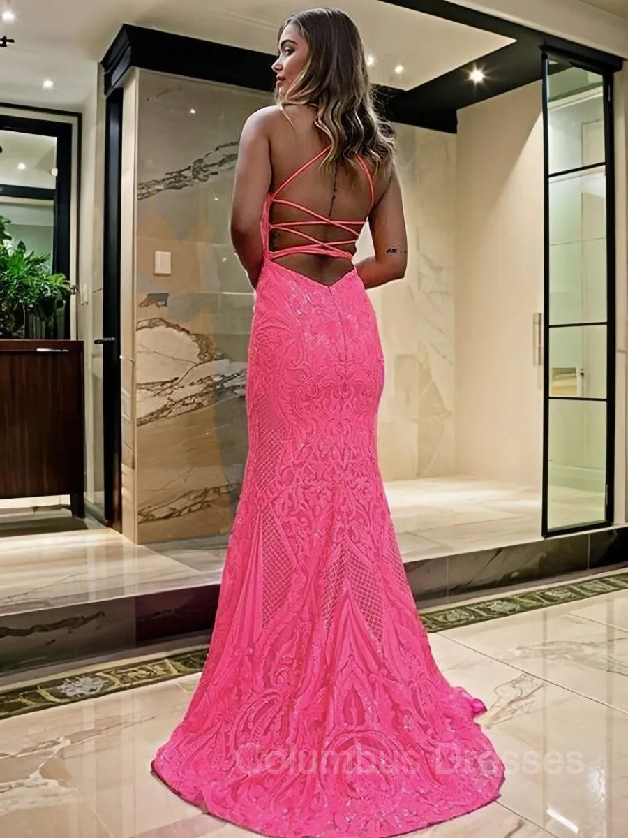 Sheath/Column V-neck Sweep Train Prom Dresses