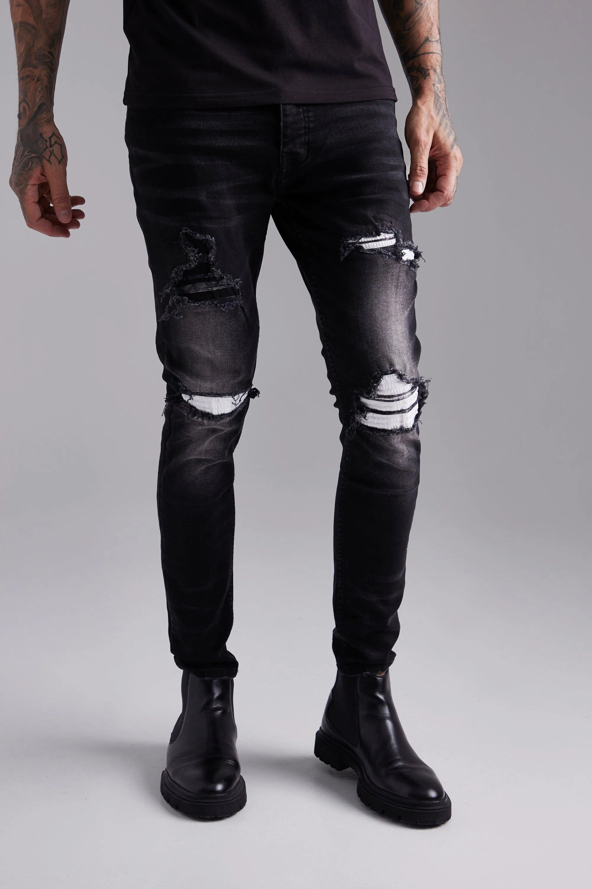 Skinny Rip & Repair Paint Splatter Jeans | boohooMAN UK