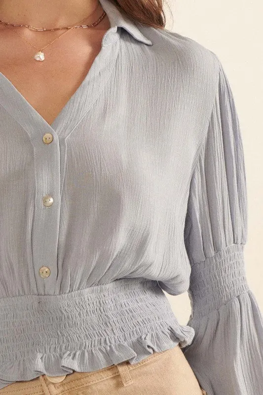 Solid Collar Neck Half Button Front Blouse