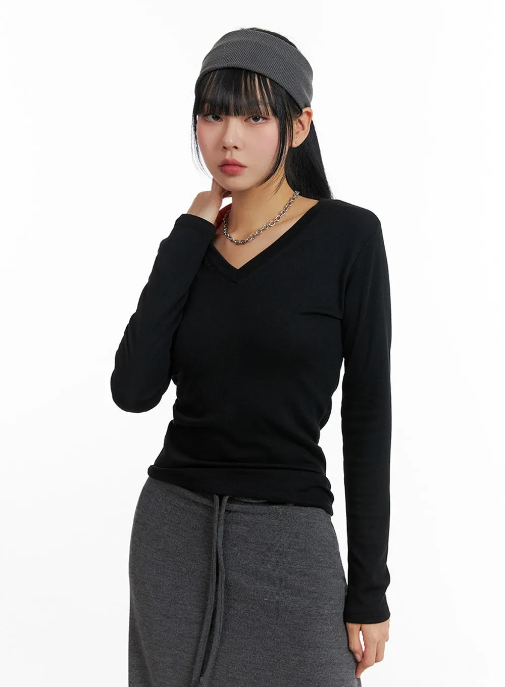 Solid V-Neck Long Sleeve IF402