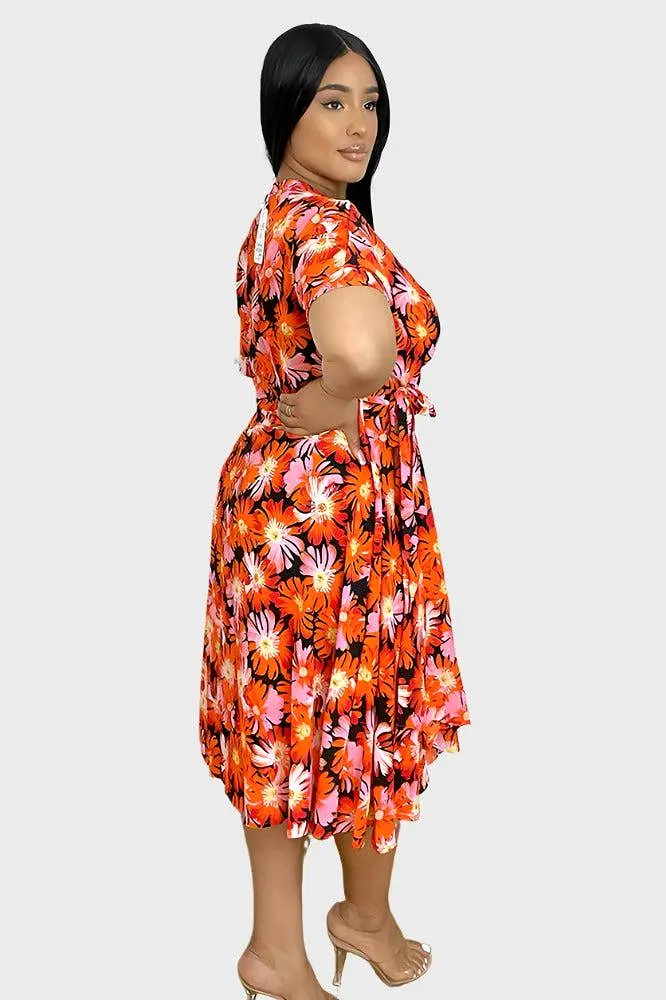 Spring Floral Print Midi Wrap Dress