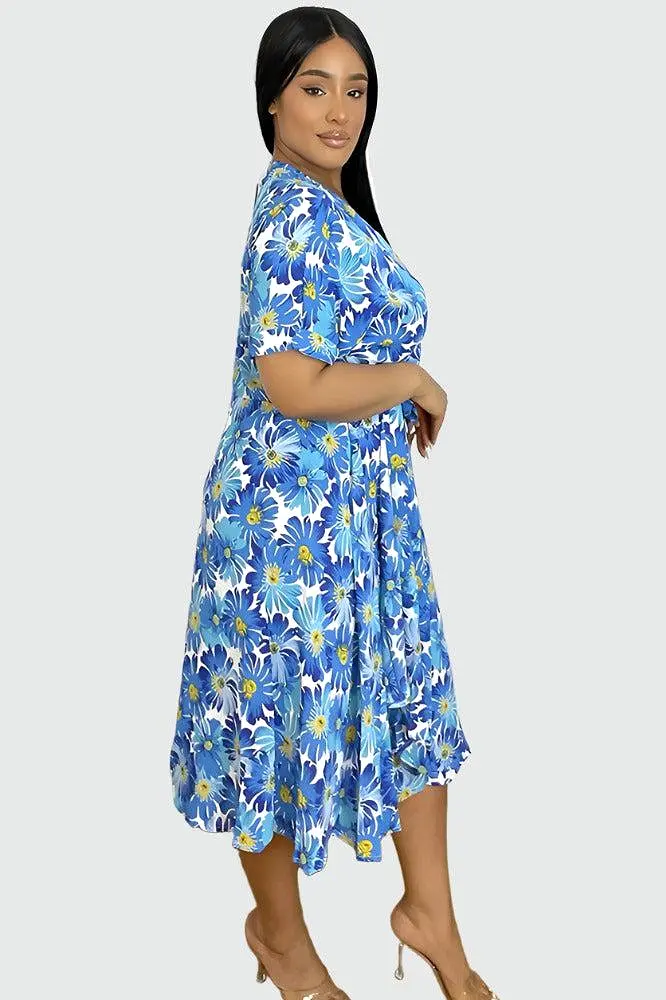 Spring Floral Print Midi Wrap Dress