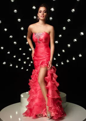 Strapless Ruffle Side Slit Pink Formal Prom Evening Dress HB126A