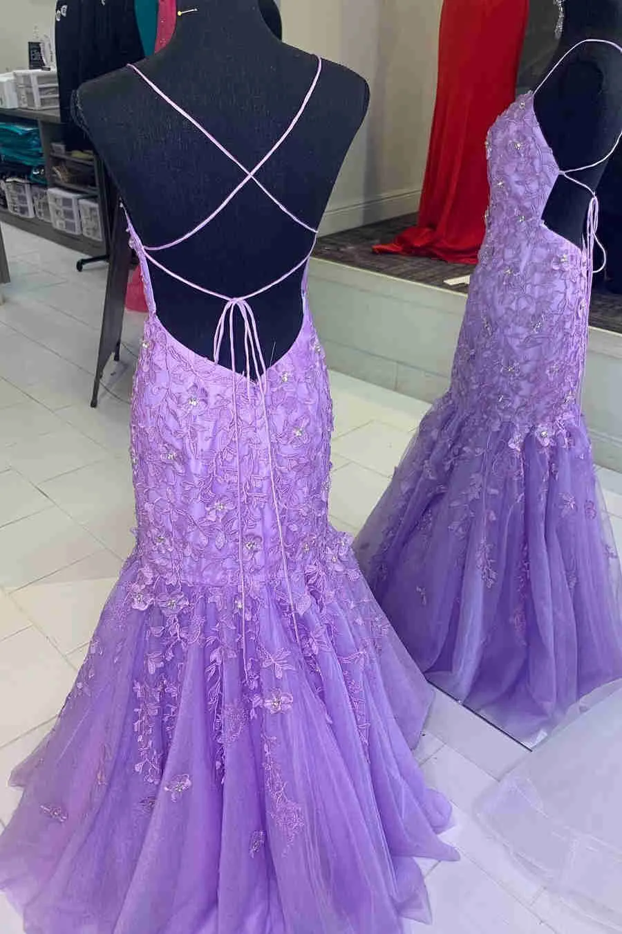 Straps Lavender Lace Appliques Mermaid Prom Dress