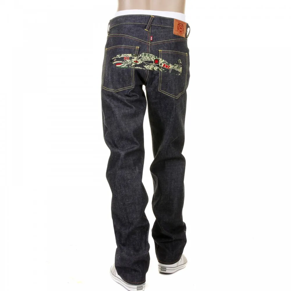 Super Exclusive Tiger Camo Plane Design Indigo Raw Denim Slim Cut Jeans