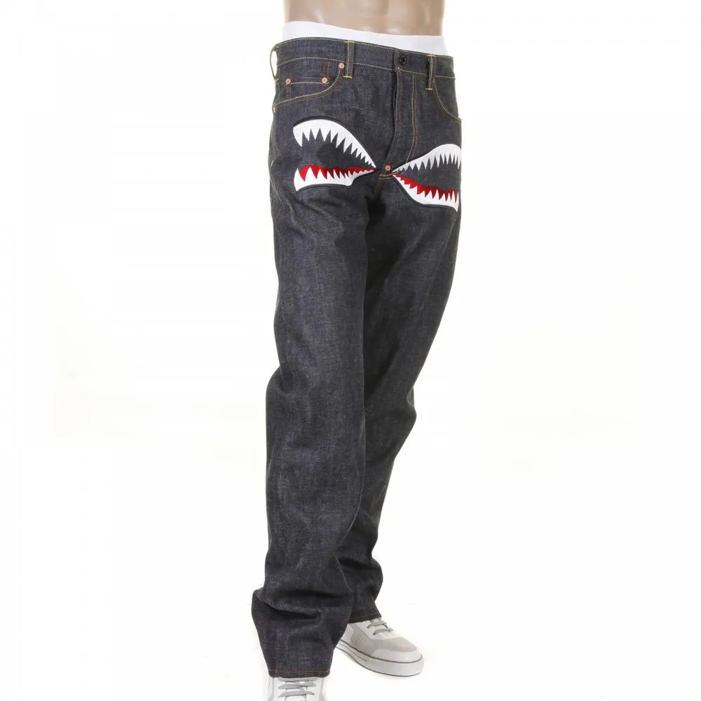 Super Exclusive Tiger Camo Plane Design Indigo Raw Denim Slim Cut Jeans