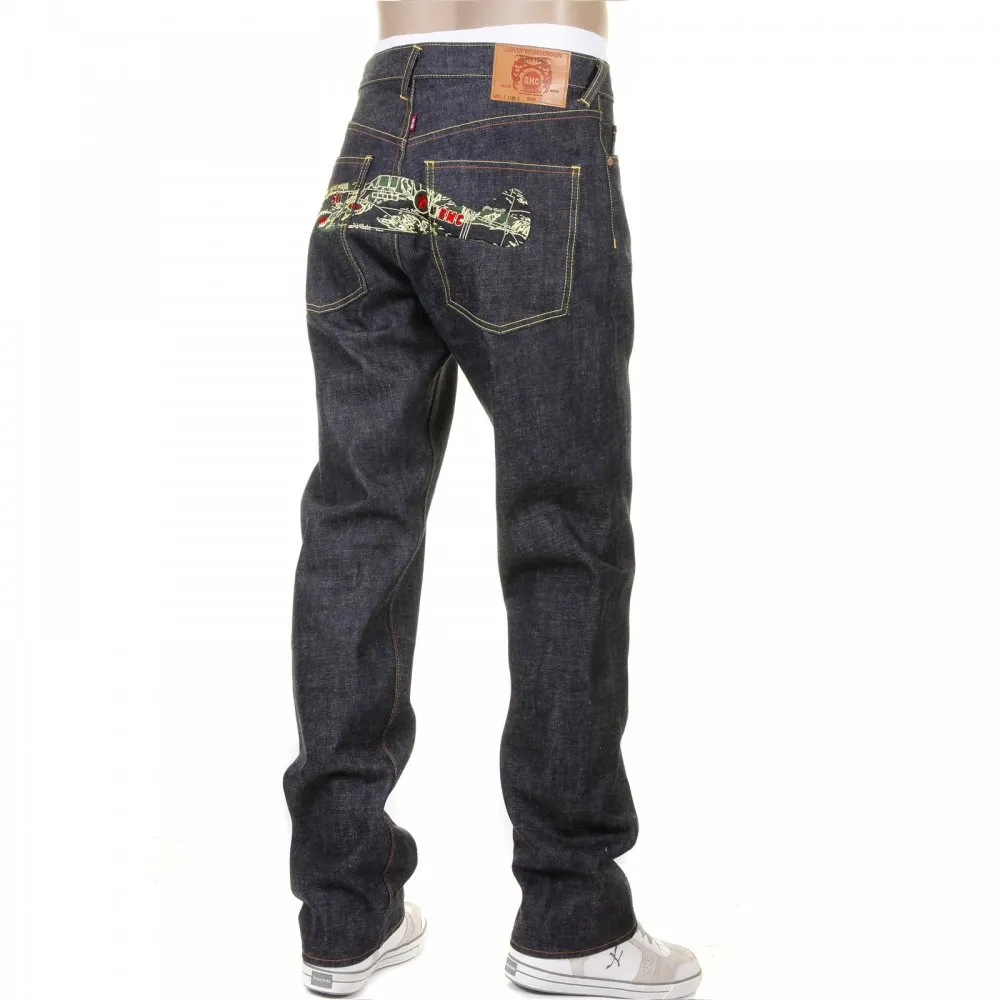 Super Exclusive Tiger Camo Plane Design Indigo Raw Denim Slim Cut Jeans