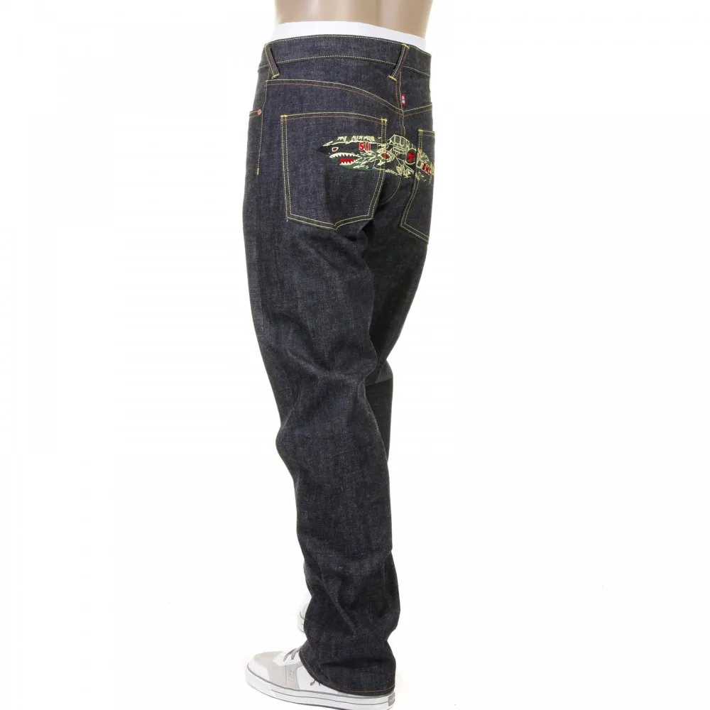 Super Exclusive Tiger Camo Plane Design Indigo Raw Denim Slim Cut Jeans