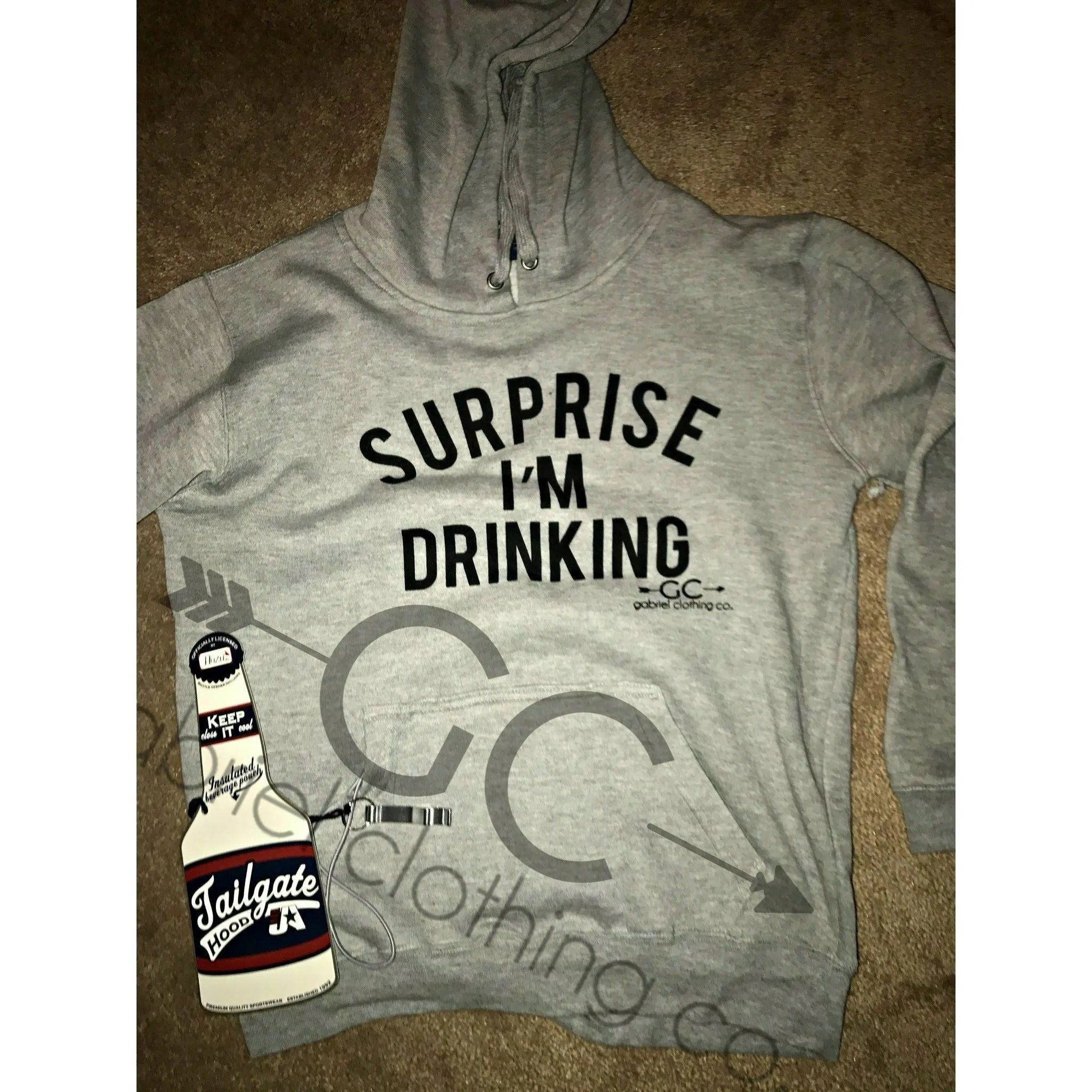 Surprise I'm Drinking Hoodie ( koozie and bottle opener attached)