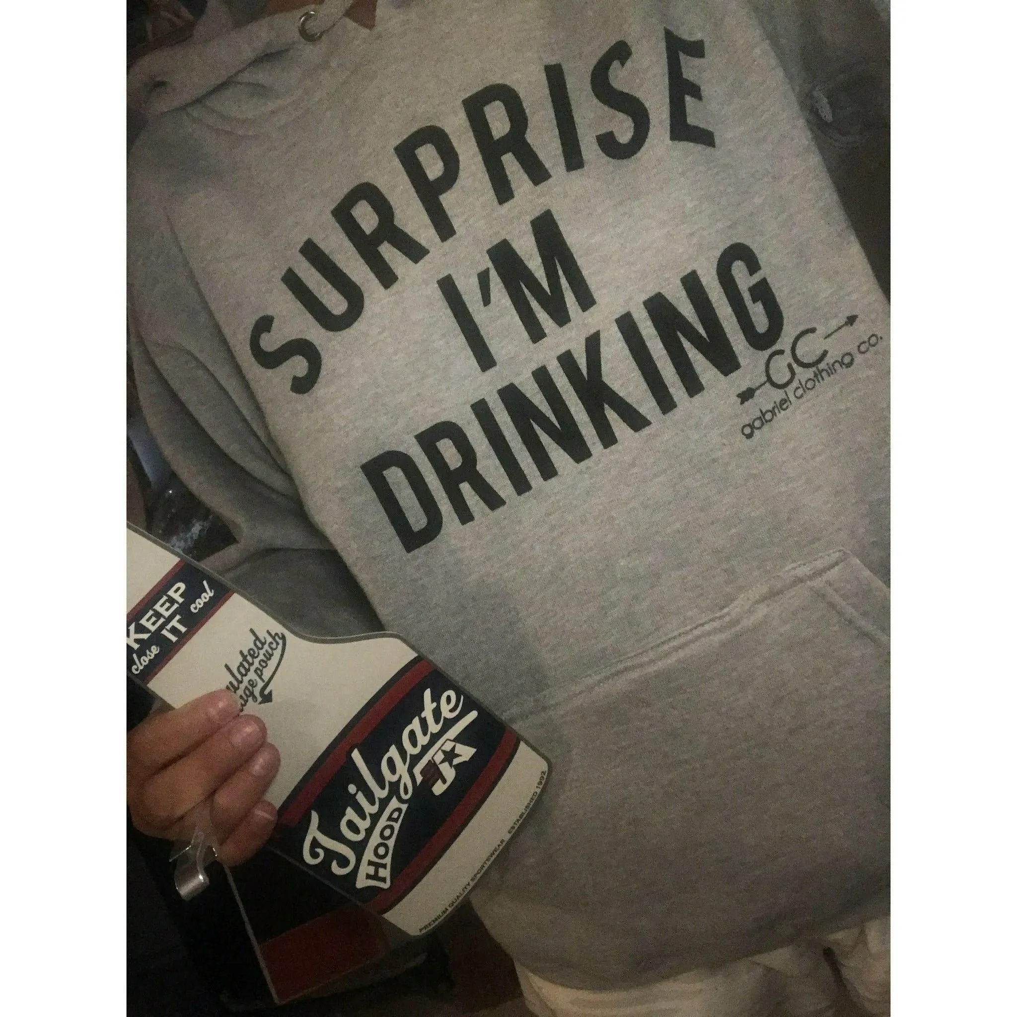 Surprise I'm Drinking Hoodie ( koozie and bottle opener attached)