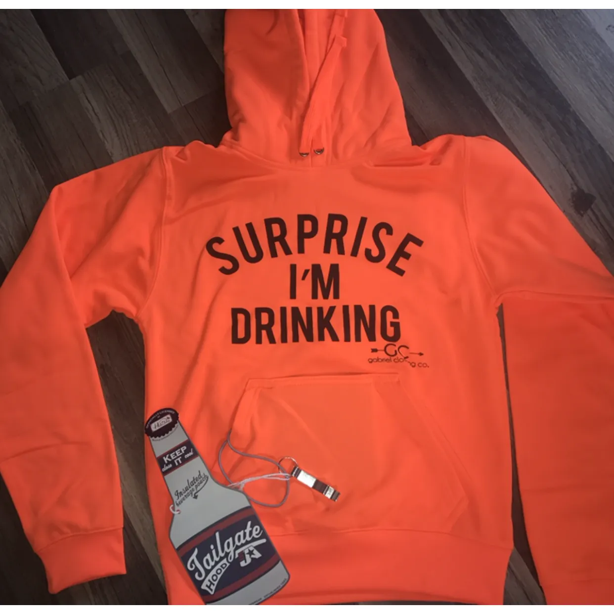 Surprise I'm Drinking Hoodie ( koozie and bottle opener attached)