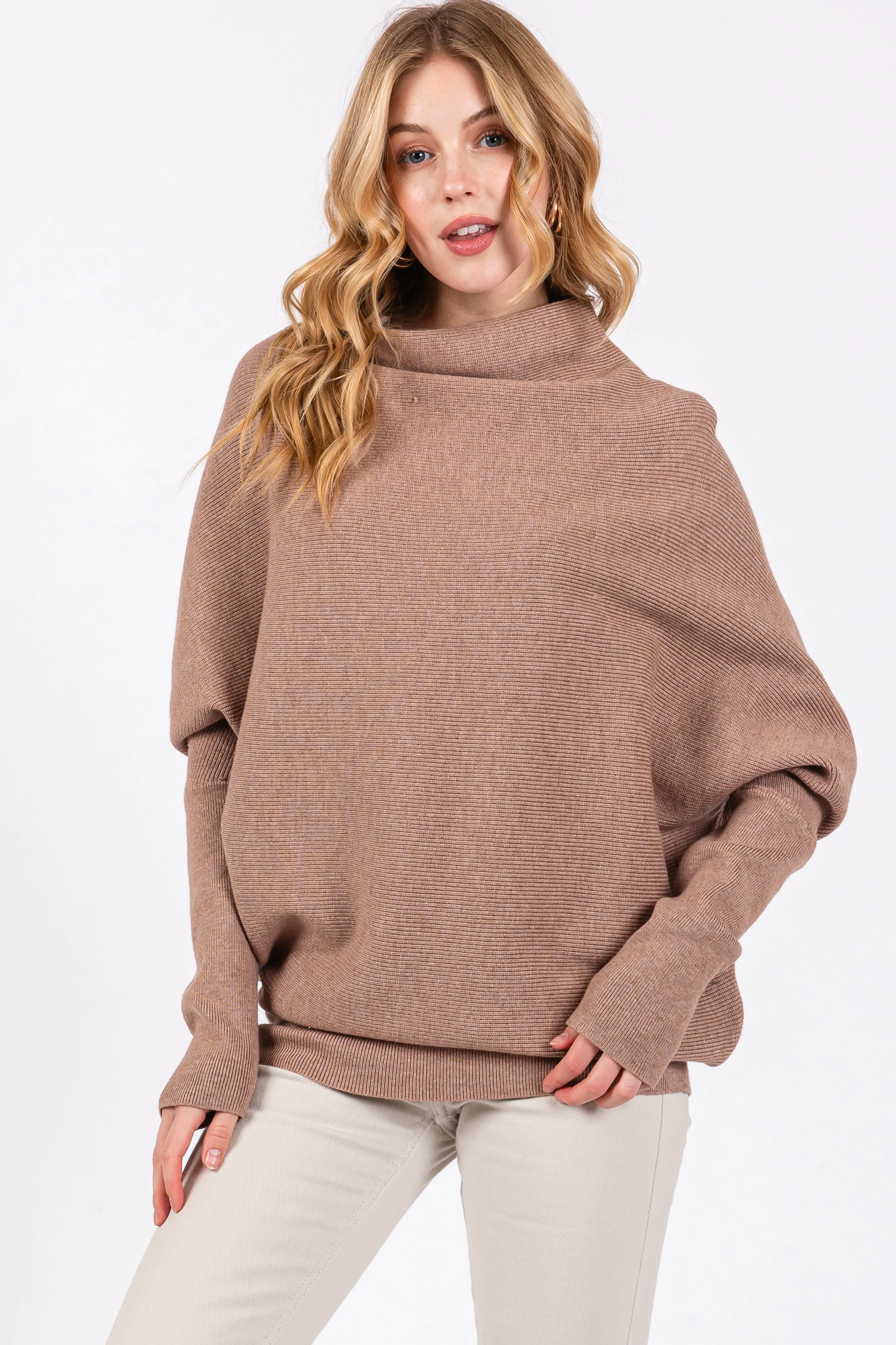 Taupe Funnel Neck Dolman Sleeve Maternity Sweater