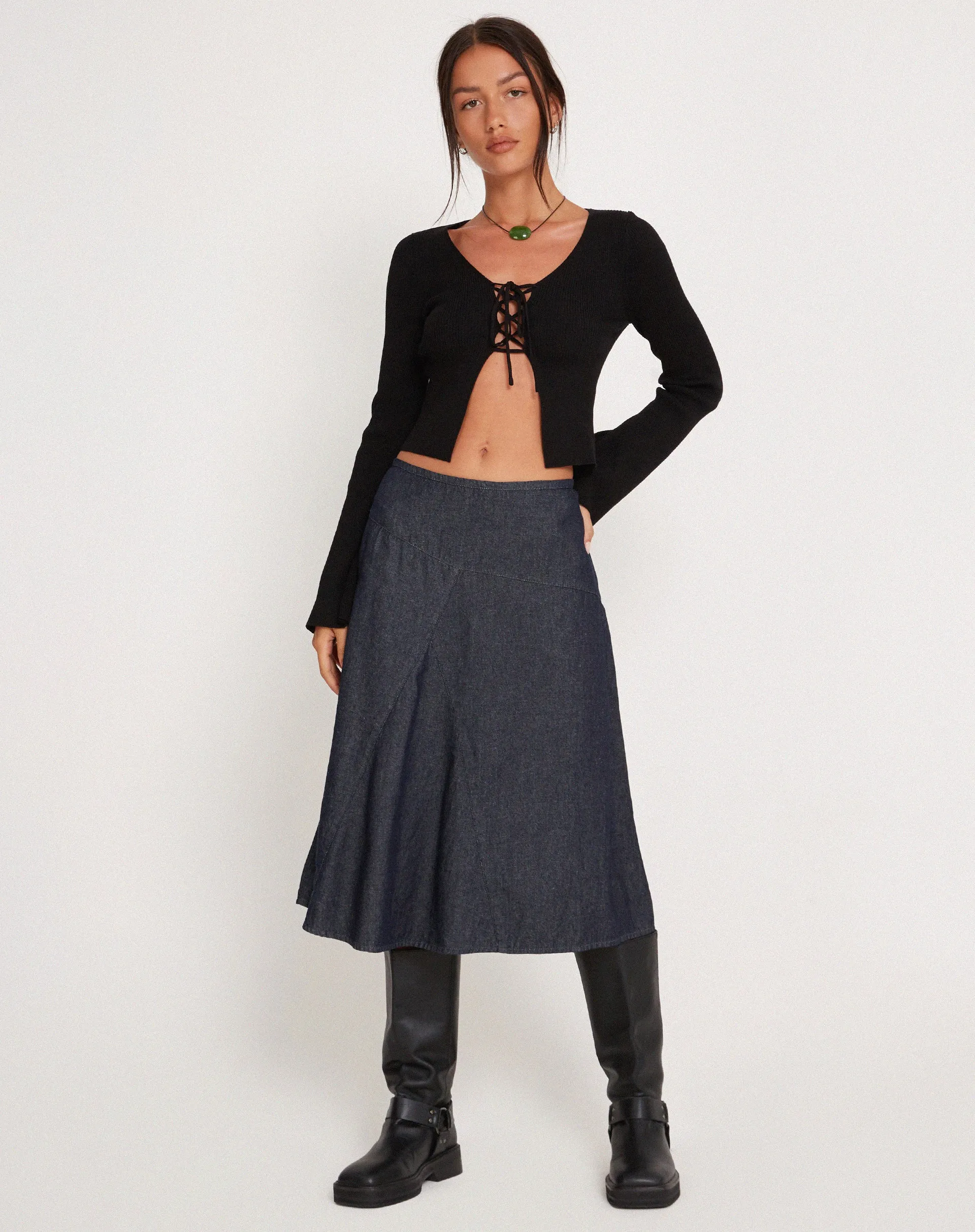 Teagan Lace Up Cropped Cardigan in Black