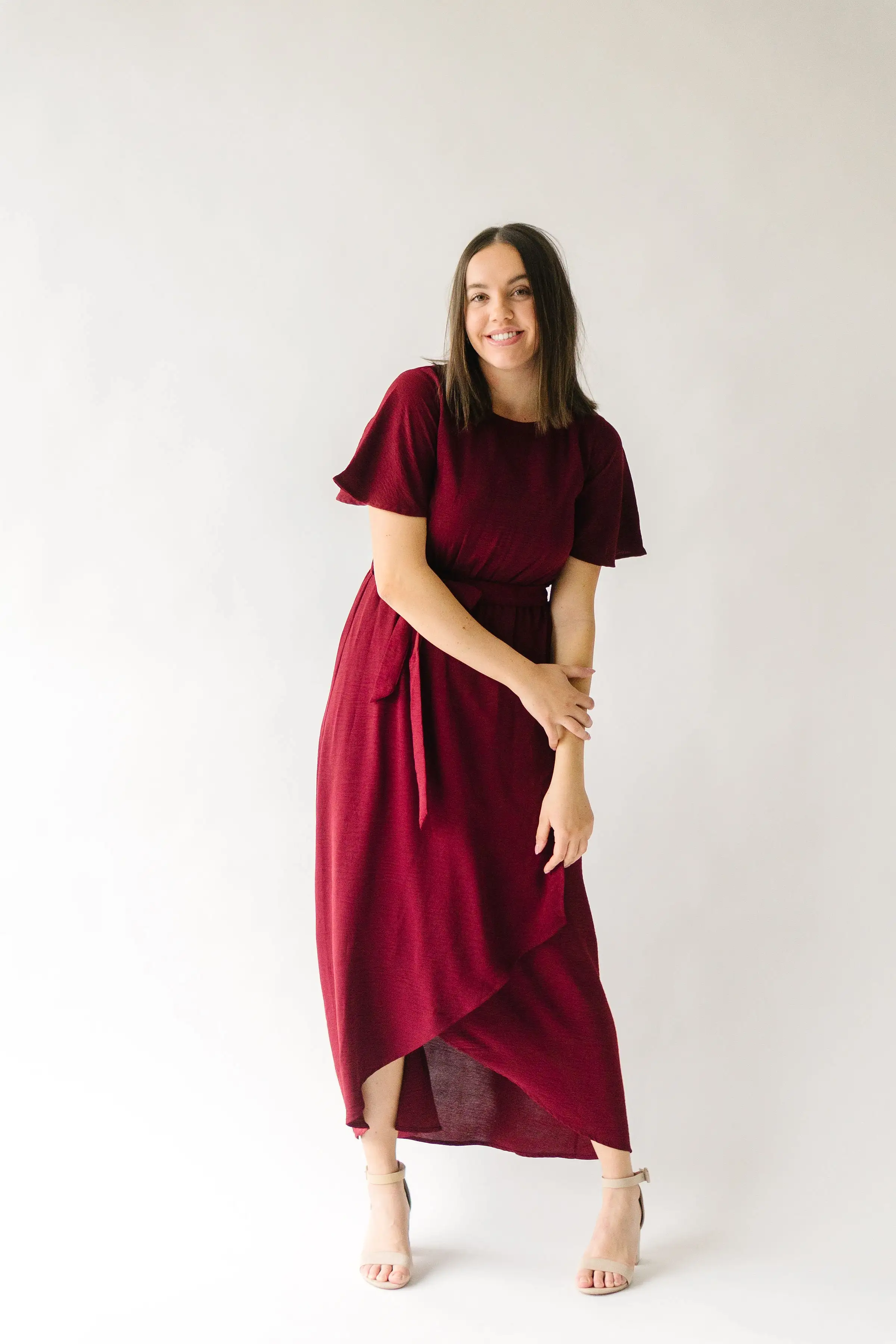 The Dell Woven Wrap Dress in Burgundy