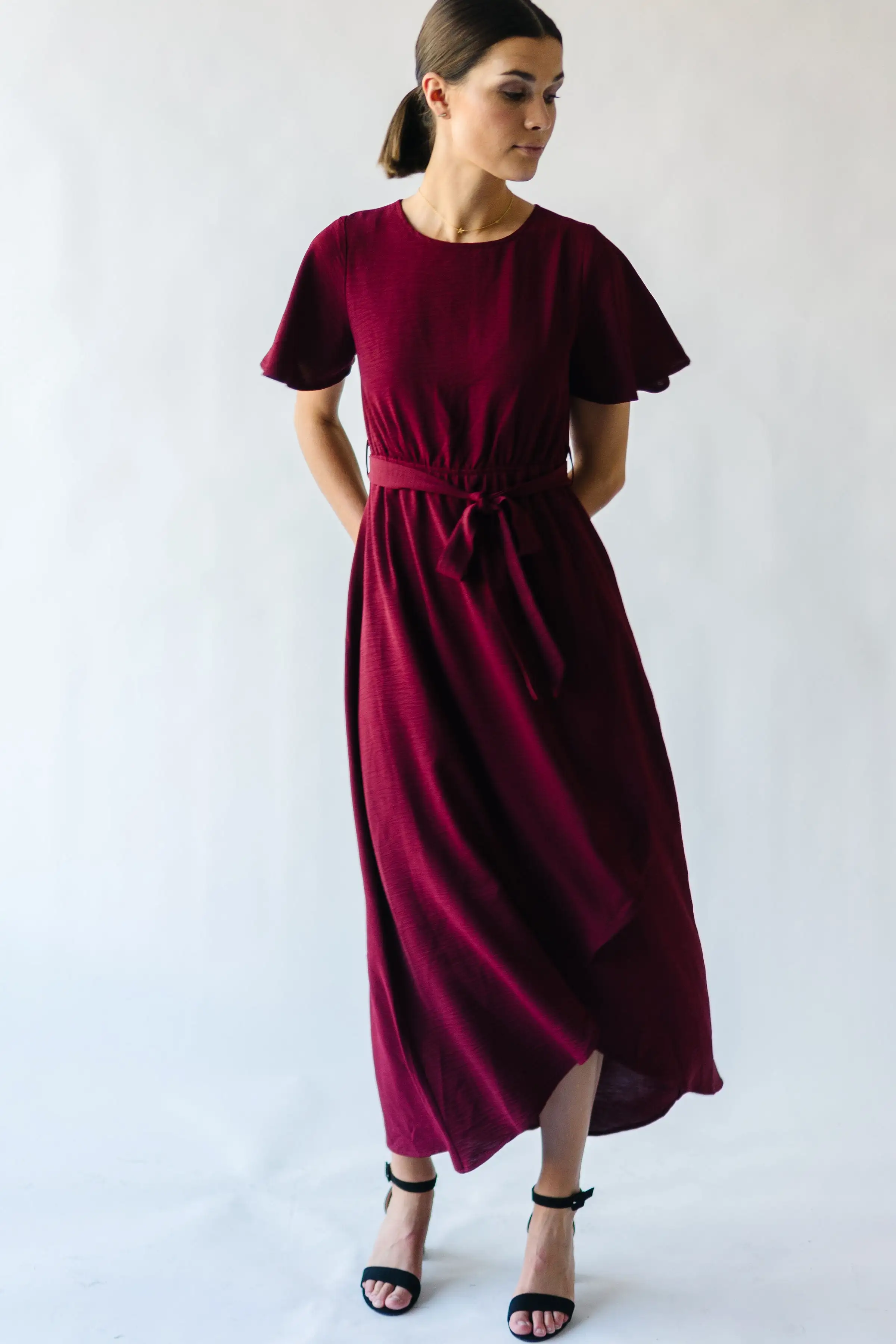 The Dell Woven Wrap Dress in Burgundy