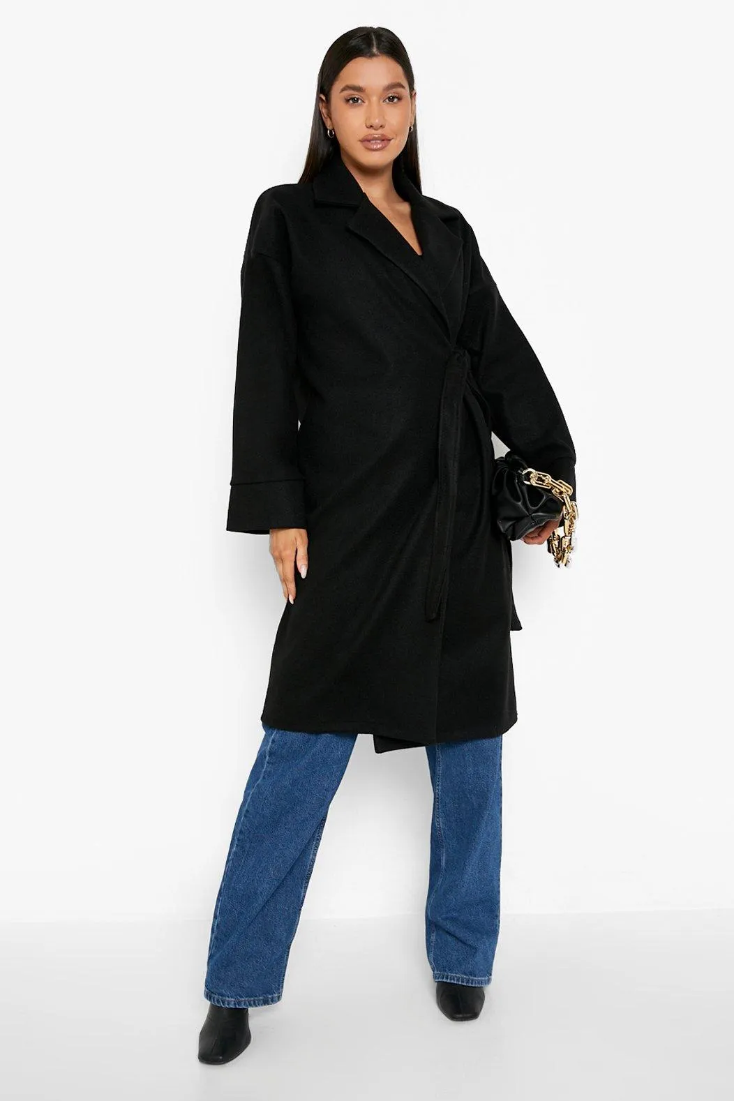 Tie Side Belted Wool Look Coat