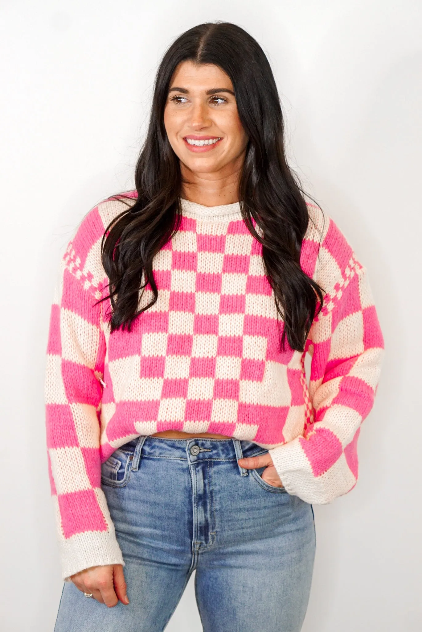 Trendy Love Pink Checkered Sweater