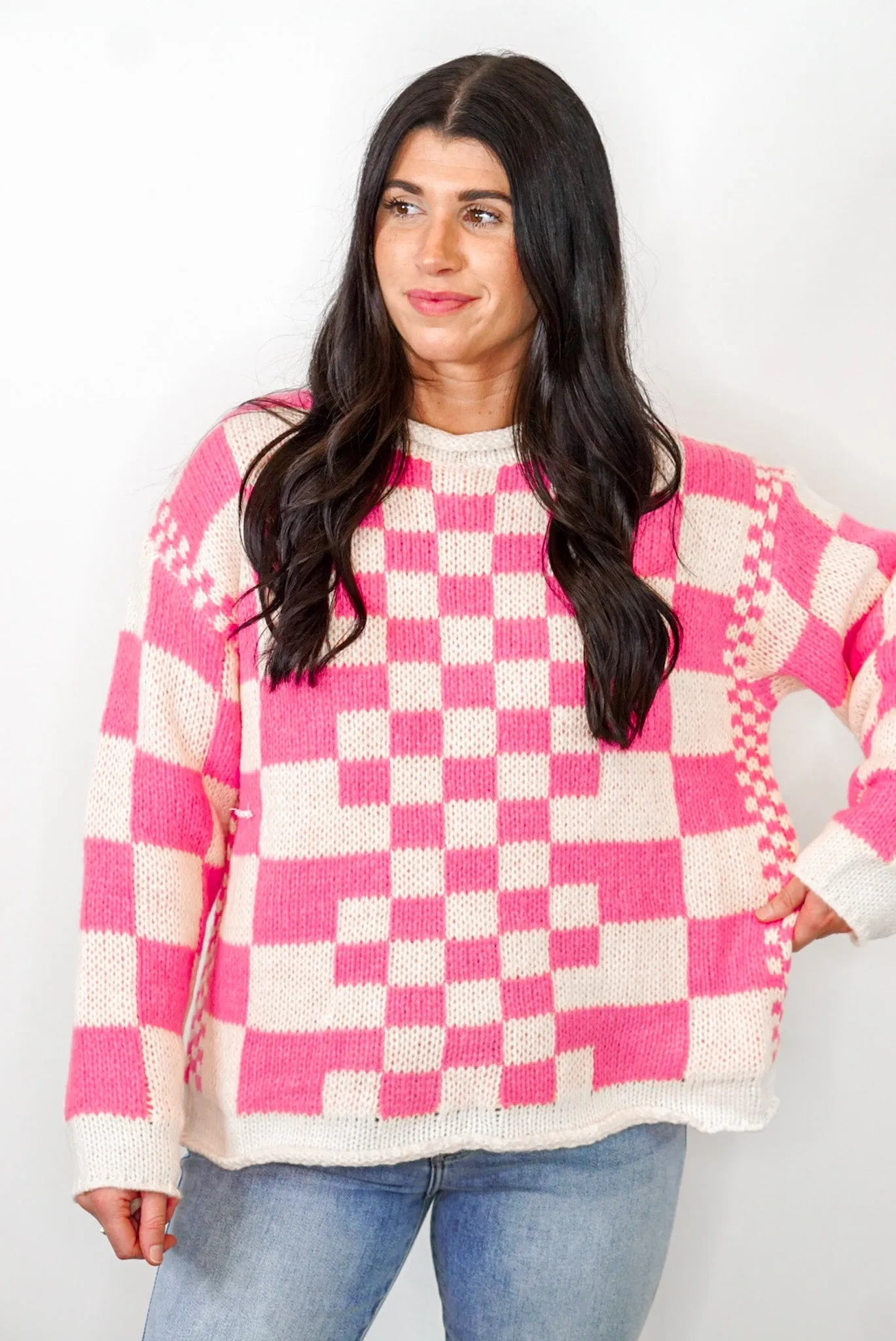 Trendy Love Pink Checkered Sweater